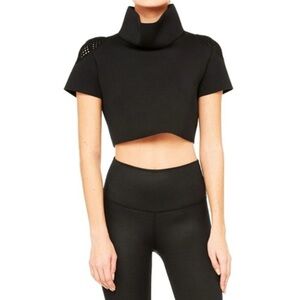 Alo In Shape Short Sleeve Top Black Mesh Cut-Outs Neoprene High Mock Neck Crop
